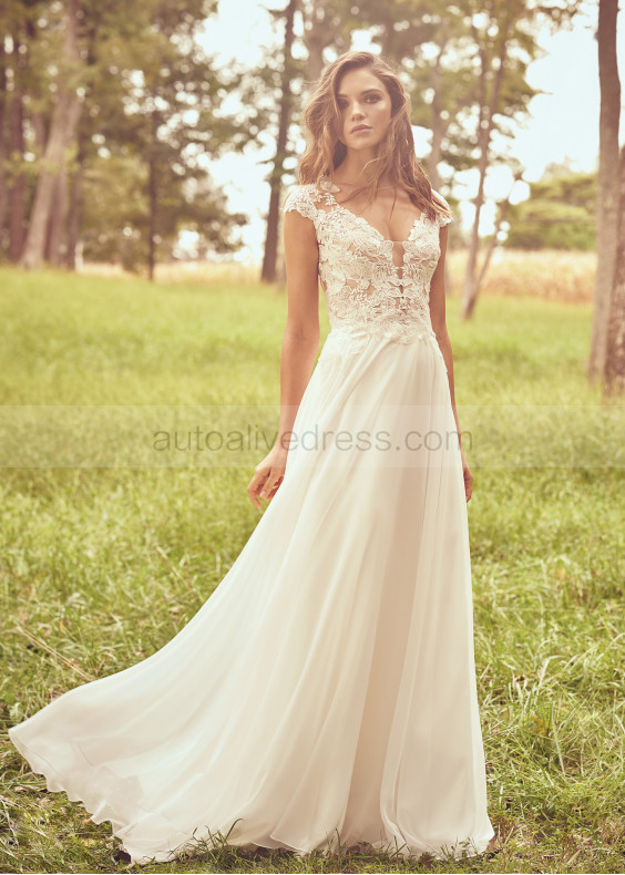 Cap Sleeve Beaded Ivory Lace Chiffon Wedding Dress